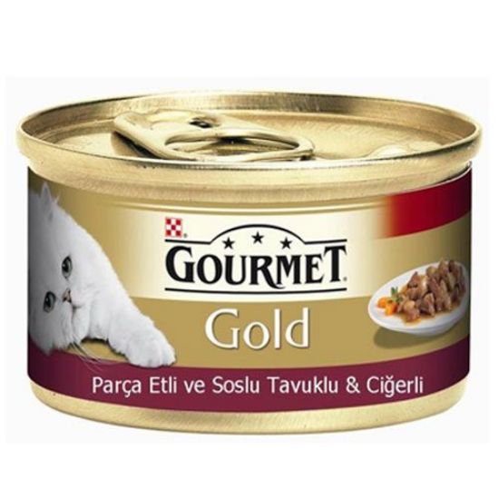 GOURMET GOLD PARÇA TAVUK CİĞERLİ KEDİ KONSERVE 85 GR resmi